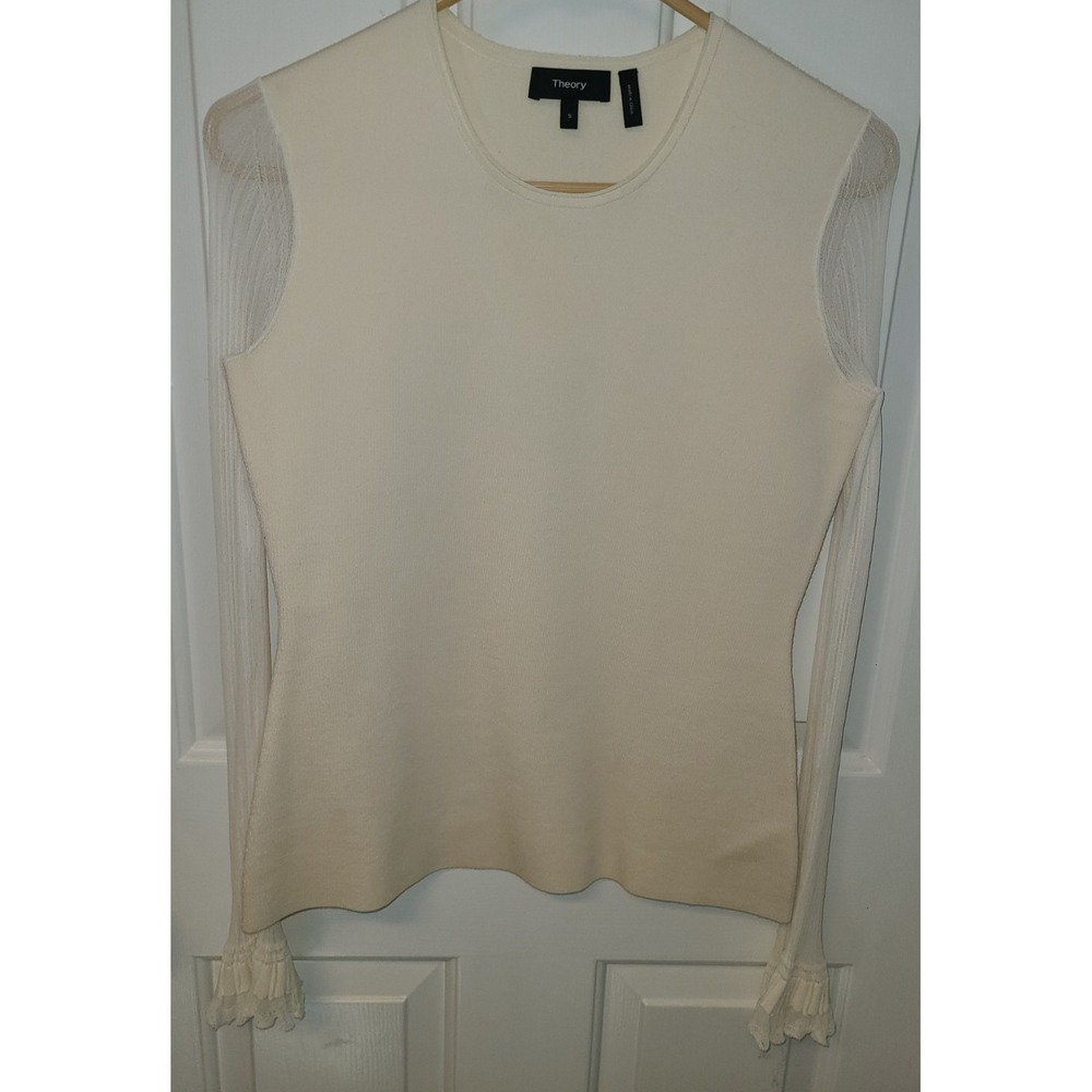 Theory Tunic Sweater Cream Long Shear Ruffle Cuff Sleeve Knit Pullover Size S - Picture 9 of 9